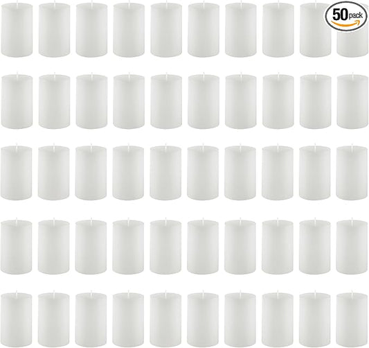 Housecret 50 Pack 2" D x 3" H (20 Hour Burn Time) White Unscented Pillar Votive Candles, Hand Poured Wax Candle Ideal Gifts for Weddings Birthdays Christmas Holidays Party