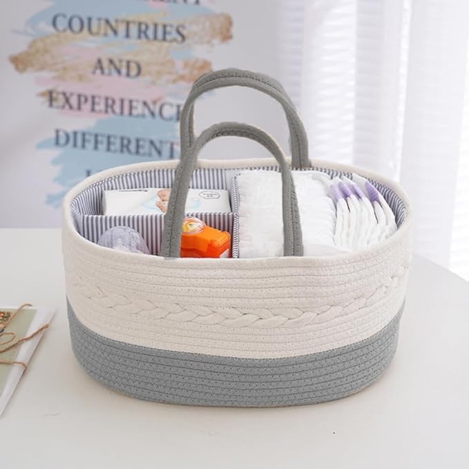 Diaper Caddy Organizer, Portable Nursery Storage Basket with Detachable Compartments,Cotton Woven Rope Baskets, Changing Table Basket