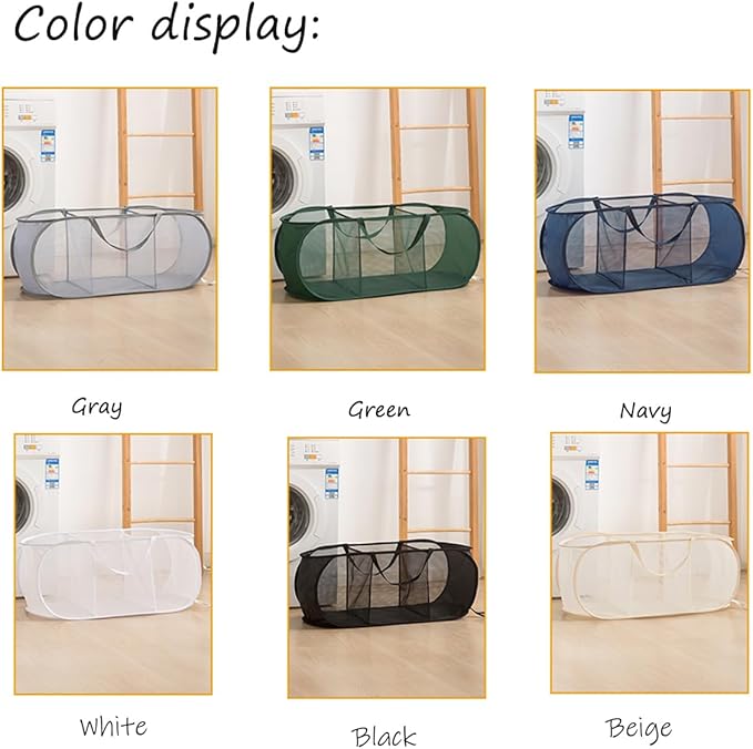 Mesh Laundry Hamper Basket, Sturdy 3 Compartments Laundry Basket, Foldable Pop up Laundry Hamper with Side Pocket for Laundry Room, Bathroom, Kids Room, College Dorm or Travel, White