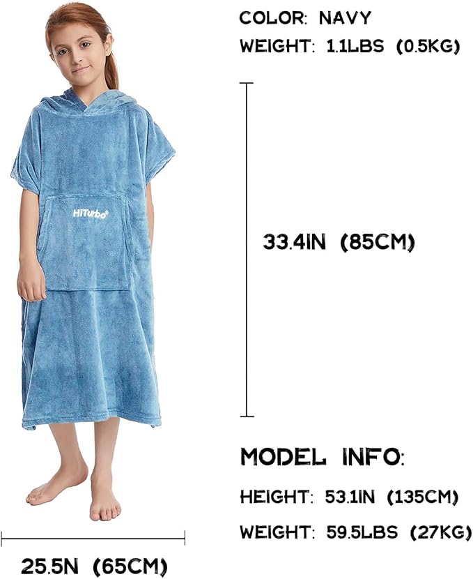 Hiturbo Kids Towel Changing Robe: Soft Plush Bath Towels - Warm Coral Fleece Hoodie - Swim Surf Poncho for 5-12 Years (Blue)