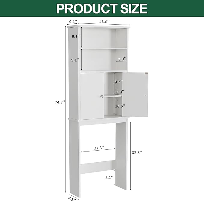 Walsunny Over The Toilet Storage Cabinet, Bathroom Organizer with Open Shelves and Double Doors, Space Saving Toilet Storage