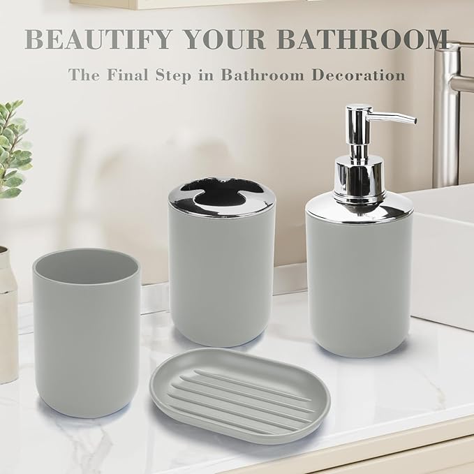 4 Pcs Grey Bathroom Accessories Set,Bohemian Bathroom Toothbrush Holder Set.Include Soap Dispenser, Soap Dish, Toothbrush Holder, Mouthwash Cup, Modern Bahtroom Decor Set