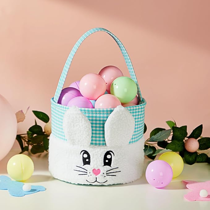 CHOIEO Plush Easter Baskets with Embroidered Bunny Face for Egg Hunts, Gifts, Toys and Spring Decor (Blue+Green)