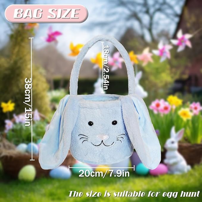 Easter Bunny Basket for Kids, Fluffy Easter Egg Hunt Bag Soft Fabric, Cute Rabbit Tote Bags with Long Plush Ear Easter Tote Bags for Candy Gifts Storage (Blue)