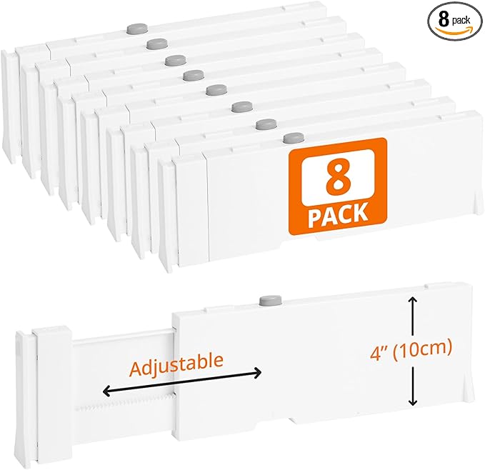 8 Pack 4" High Drawer Dividers, 11"-17" Expandable Drawer Organizer For Clothes, Dresser Drawer Organizer, Warm White Drawer Separators for Baby Clothes, Vanity, Cosmetic, Kitchen and Office Storage