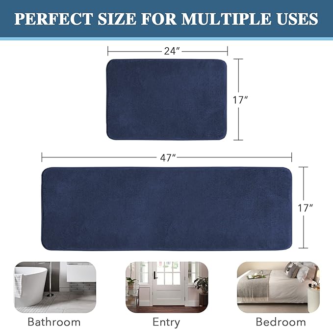 H.VERSAILTEX Kitchen Mat 2 PCS Non Slip Memory Foam Flannel Velvety Kitchen Runner Rugs Set - Water Absorbent Soft (47" x 17" + 24" x 17", Navy)