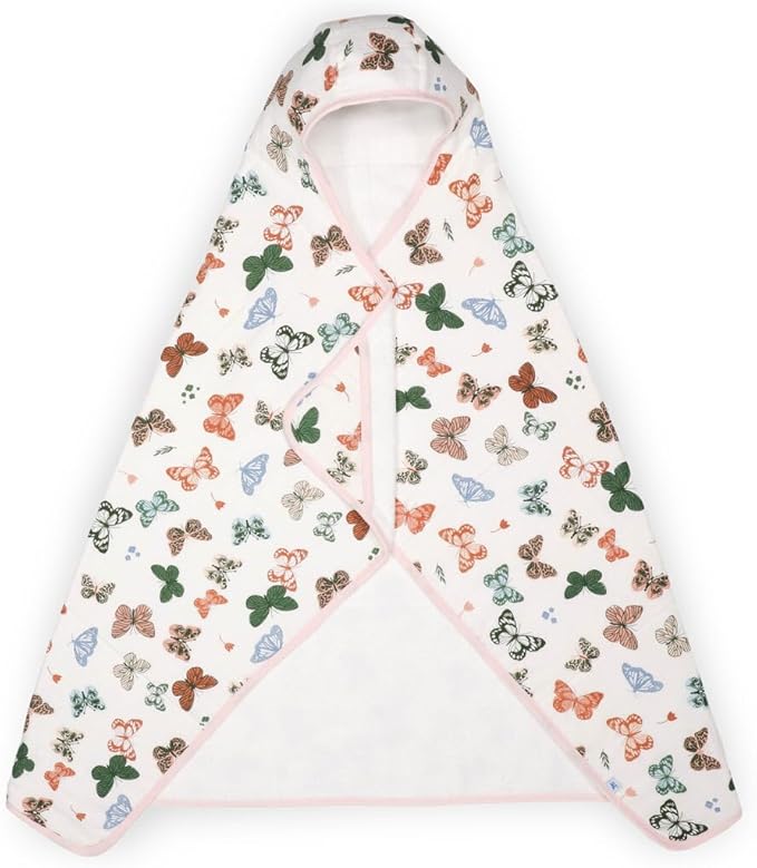 Little Unicorn Hooded Bath Towel | Absorbent Cotton & Terry Blend | Larger Size for Baby & Toddlers, 1-6 Years (Butterflies)