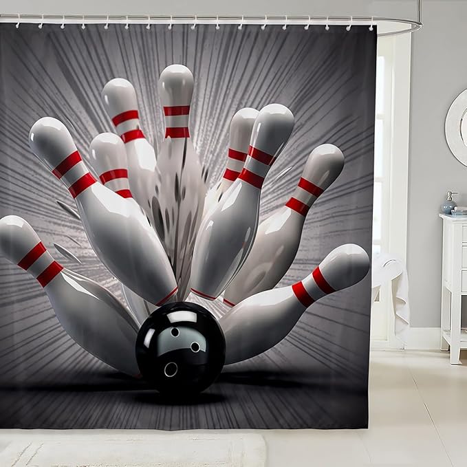 3D Bowling Ball Waterproof Shower Curtains Sports Theme Fabric Bathroom Shower Curtain Boys Girls Youth Modern Athlete Competitive Shower Curtain with Hooks Chic Ball Game Decor Curtain,72x72 Inches