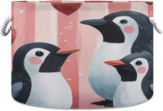 Blanket Storage Basket for Living Room - Penguins Large 20"x20"x14" Cotton Rope Handles Laundry Basket, Foldable for Toy Storage, Blanket Basket
