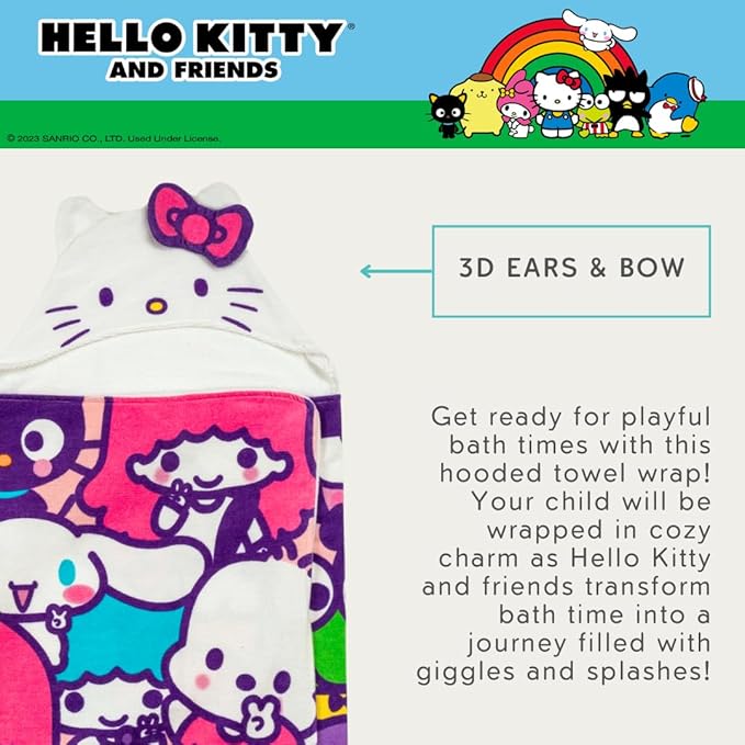 Hello Kitty & Friends Kids Super Soft Bath/Pool/Beach Soft Cotton Terry Hooded Towel Wrap, 24 in x 50 in, (Officially Licensed Product) By Franco