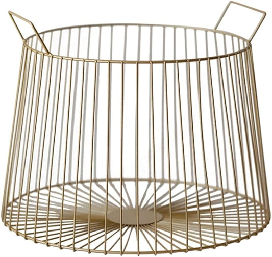 JITEM Cesto Round Metal Laundry Basket Scandinavian Wire Hamper w/Handles Iron Art Dirty Clothes Storage Basket for Bathroom Laundry Closet Dorm Washing Bin, Gold
