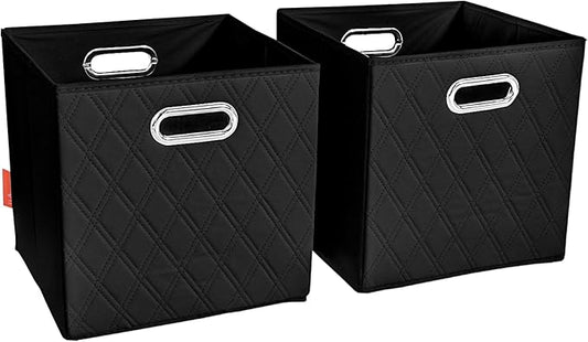 FH Group JIAessentials 13" Faux Leather Foldable Storage Cube Bins Set of 2 – Black Diamond Patterned Organizers with Handles for Closet & Shelves