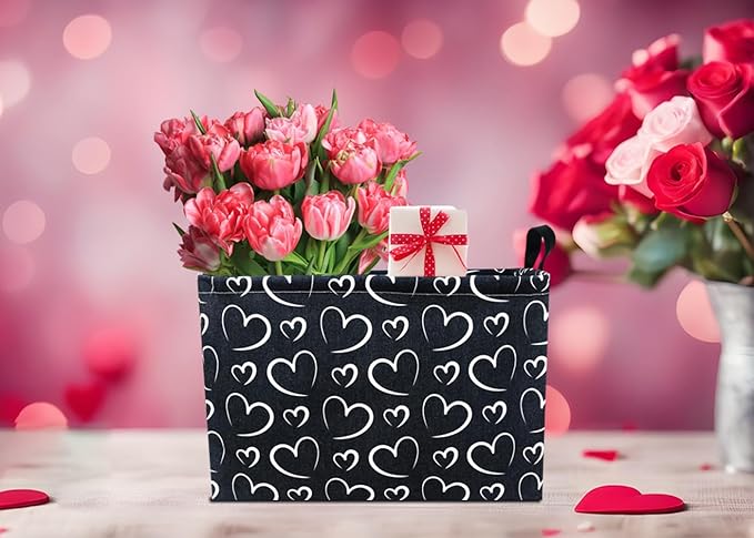 Rectangular Black Basket,Gift Basket Empty,Heart Print Toy Bin with Handles,Kids Toys/Books Box,Room Decor(Black Love)