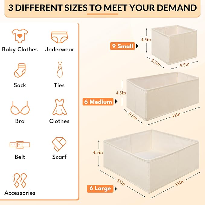 Premium Natural Linen Drawer Organizer Clothes, 21 Pack Dresser Organizer for Baby Clothes, Underwear, Socks, 3 Sizes Foldable Closet Organization and Storage Bins for Nursery, Bedroom (Beige)