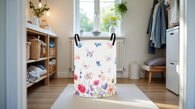 CLOCOR Round Collapsible Flat Storage Basket,Space-Saving Fabric Laundry Hamper for Clothes,Nursery Hamper,Gift Basket(Butterfly Flower)