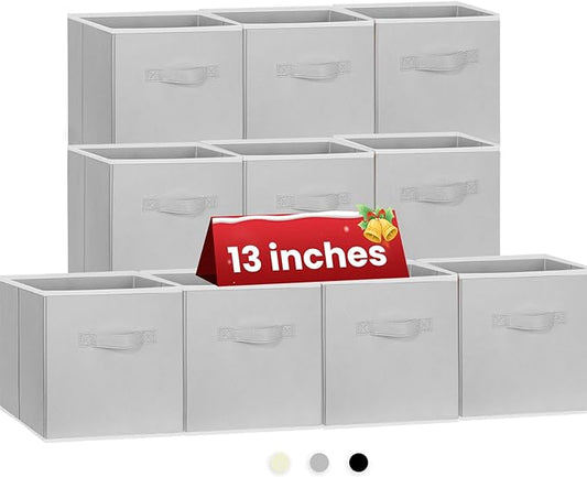 Criusia Large Storage Cubes, 13x13 Cube Storage Bins (Set of 10), Fabric Collapsible Storage Bins with Dual Handles, Foldable Cube Baskets for Shelf, Closet Organizers and Storage Box (Grey)