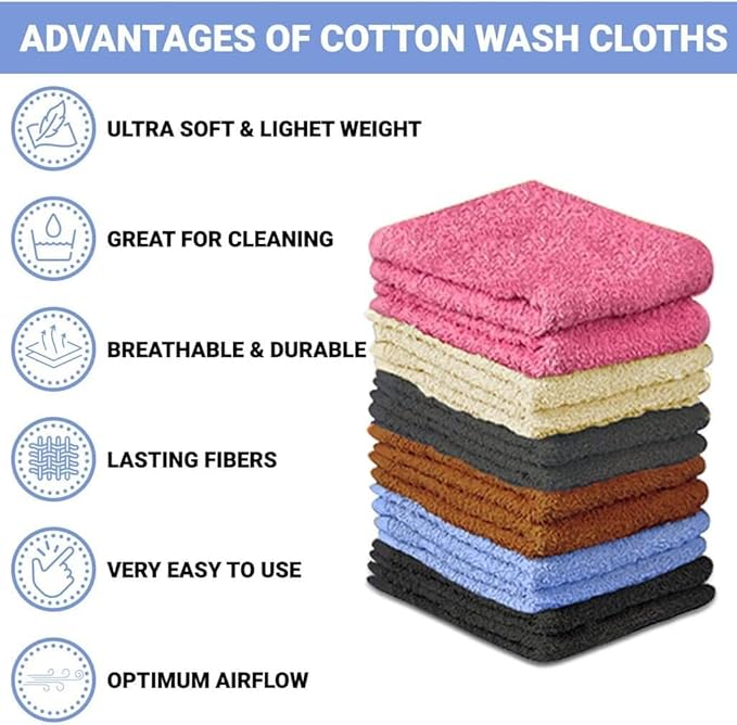 100% Cotton Washcloth Set – Soft, Absorbent Face Towels for Bathroom & Gym Use – Reusable, Durable, Machine Washable Wash Cloths - Multi-Color, 12x12 Inches, Pack of 12