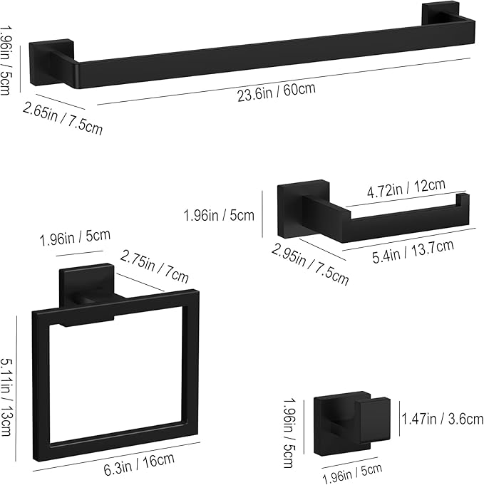 20-Piece Matte Black Bathroom Accessories Set – 23.6" Towel Bar, Towel Ring, Toilet Paper Holder & Hooks, Wall Mounted Bathroom Hardware, Rust & Corrosion-Resistant, Ideal for Modern Bathrooms