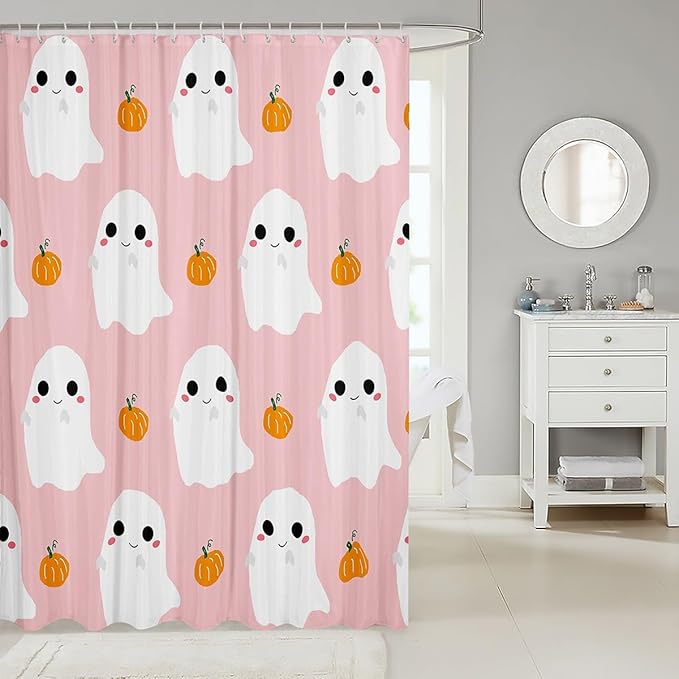 Hand Draw Pink White Print Shower Curtain with Hooks,Watercolor Pumpkin Halloween Room Decor Bath Curtain,Cartoon Ghost Bathroom Accessories Waterproof Panel,72x 84 Inches
