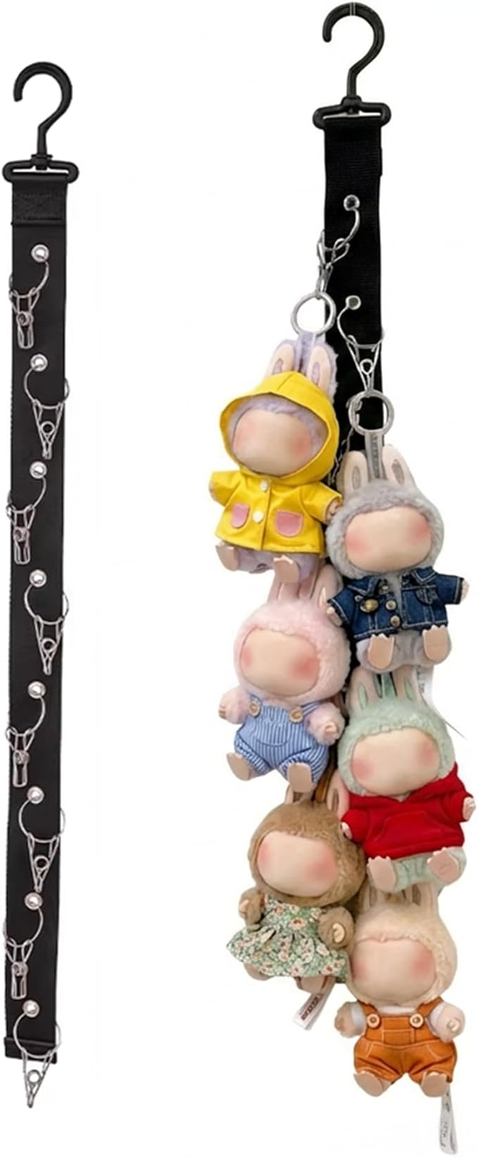 Plush Doll Hanging Storage Rope Display Rack with 8 Clips – Wall Hanging Organizer for Keychain Plushies, Mini Toys– Holds up to 3kg (Black)