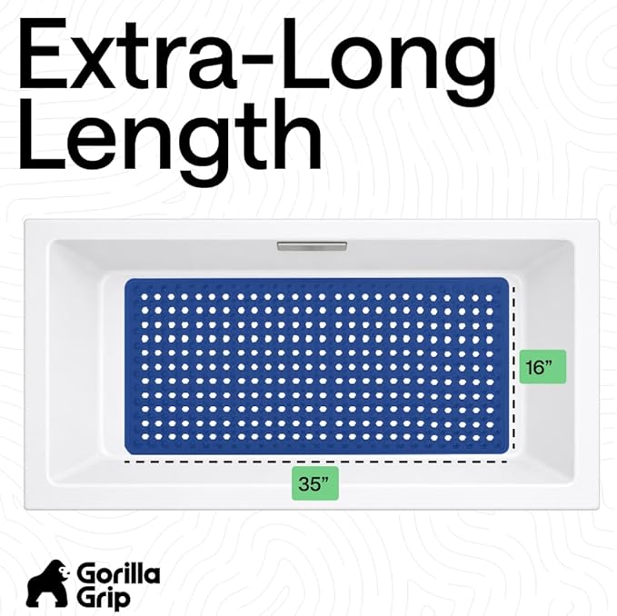 GORILLA GRIP Patented Bath Tub Shower Mat, Machine Washable Bathtub Floor Liner Mats, Suction Cups and Drain Holes to Keep Tubs Clean, Soft on Feet, Bathroom Essentials, 35x16 Inch, Royal Blue Opaque