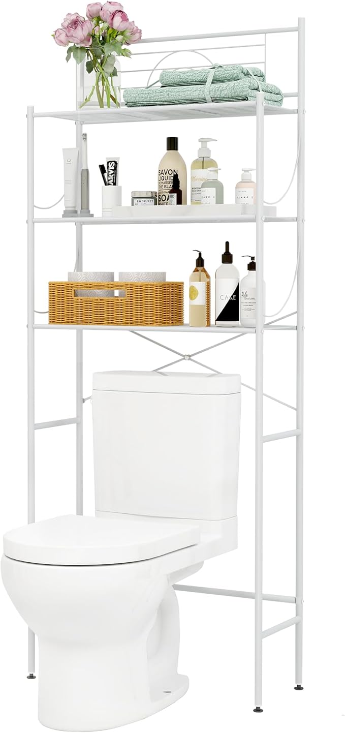 MallBoo Over The Toilet Storage Rack, 3-Tier Metal Bathroom Organizer Shelf with Hooks & Paper Holder, Freestanding Above Toilet Storage for Small Spaces, Apartments, Laundry Room(White)