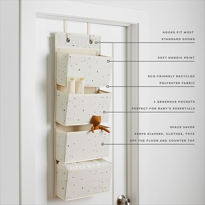 3 Sprouts Over the Door Organizer -Hanging Baby Organizers & Storage with 4 Large Pockets & 2 Hooks for Baby Clothes, Toy, Stuffed Animal -Newborn Essential for Nursery & Toddler Rooms -Terrazzo Cream