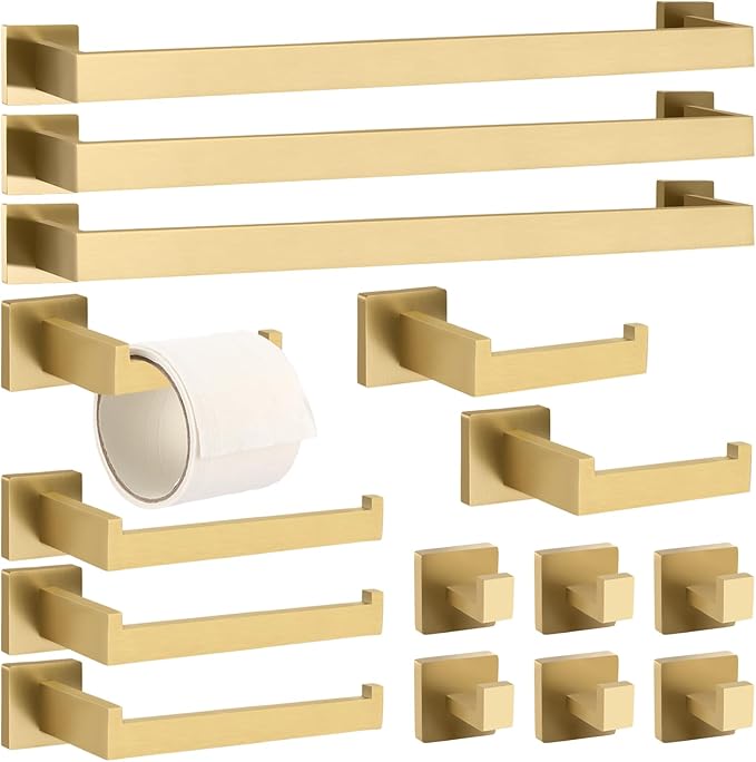 15 Pieces Bathroom Hardware Accessories Set, 23.6 Inch Stainless Steel Bath Towel Bar Set, Bathroom Hardware Set, Towel Racks for Bathroom Wall Mounted(Gold)