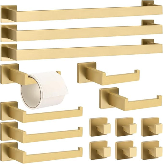 15 Pieces Bathroom Hardware Accessories Set, 23.6 Inch Stainless Steel Bath Towel Bar Set, Bathroom Hardware Set, Towel Racks for Bathroom Wall Mounted(Gold)