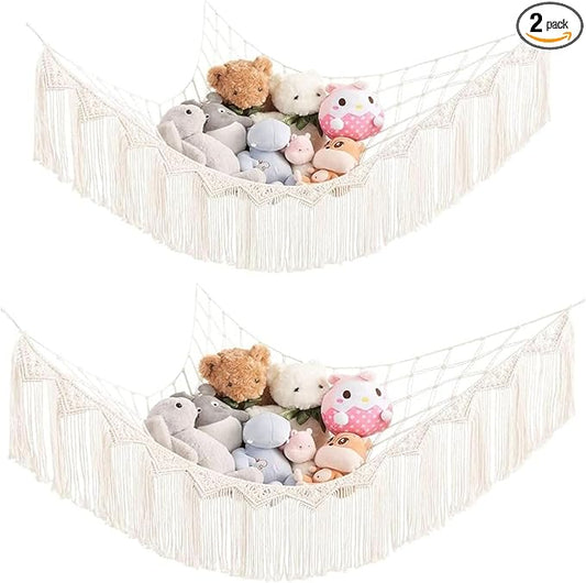 Mkono Stuffed Animal Hammock Corner Macrame Toy Storage Organizer with Tassels Boho Hanging Stuff Animals Net Large Capability Toys Display Holder for Nursery Kid Room Playroom, 2 Pieces