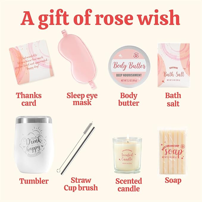 Gifts for Women Bath & Body Rose Spa Gift Sets for Birthday, 8 Pcs Gift for Women, Self Care Kit for Tumbler, Eye Mask, Christmas Gifts