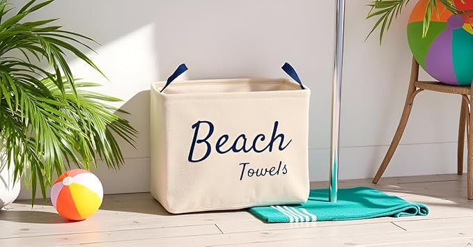 Beach Towel Storage Bin and Organizer. Space saver for family beach towels or other items. Store beach and pool towels in one stylish container tote. Great for beach house or home organization.