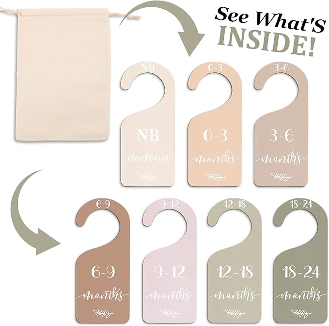 Whaline 7Pcs Earth Tone Wood Baby Closet Size Dividers with Velvet Bag Newborn to 24 Month Thicken Infant Wardrobe Hanger Organizers for Home Nursery Party Favors Supplies