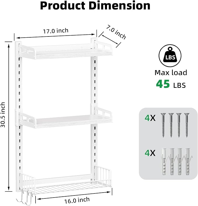 3 Tier Bathroom Shelves Over Toilet - Wall Mounted Floating Shelves with Drain Basket, Toilet Paper Storage, Height Adjustable Over The Toilet Storage, Pure White