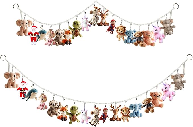 2 Pcs 80” Cotton Hanging Storage Chains for Stuffed Animal, Each Boho Display Chain Comes with 20 Metal Clips, Nursery Hanging Storage Organizer for Wall or Corner Nursery playroom (Colorful)