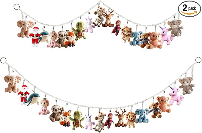 2 Pcs 80” Cotton Hanging Storage Chains for Stuffed Animal, Each Boho Display Chain Comes with 20 Metal Clips, Nursery Hanging Storage Organizer for Wall or Corner Nursery playroom (Beige)