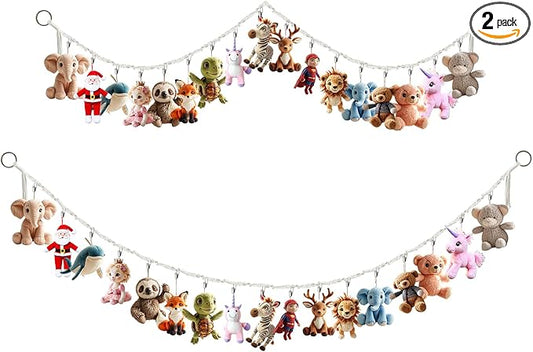 2 Pcs 80” Cotton Hanging Storage Chains for Stuffed Animal, Each Boho Display Chain Comes with 20 Metal Clips, Nursery Hanging Storage Organizer for Wall or Corner Nursery playroom (Beige)