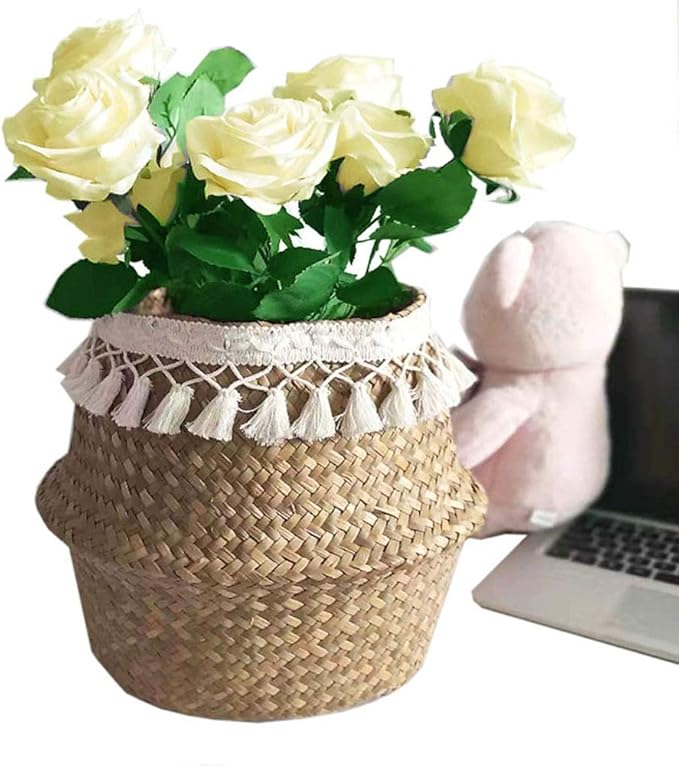 Algae Basket Basket Basket Woven Straw Folding Algae Belly Basket Plant Pot Nursery Cosmetic Bag Hand Made Basket for Storage, Laundry Medium XL