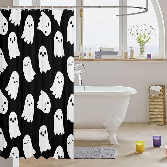 Halloween Theme Bathroom Curtains for Kids Teens Adults,Lovely Black White Shower Curtains,Cute Cartoon Ghost Bath Curtains with 12 Hooks,Waterproof,72" W x 78" L