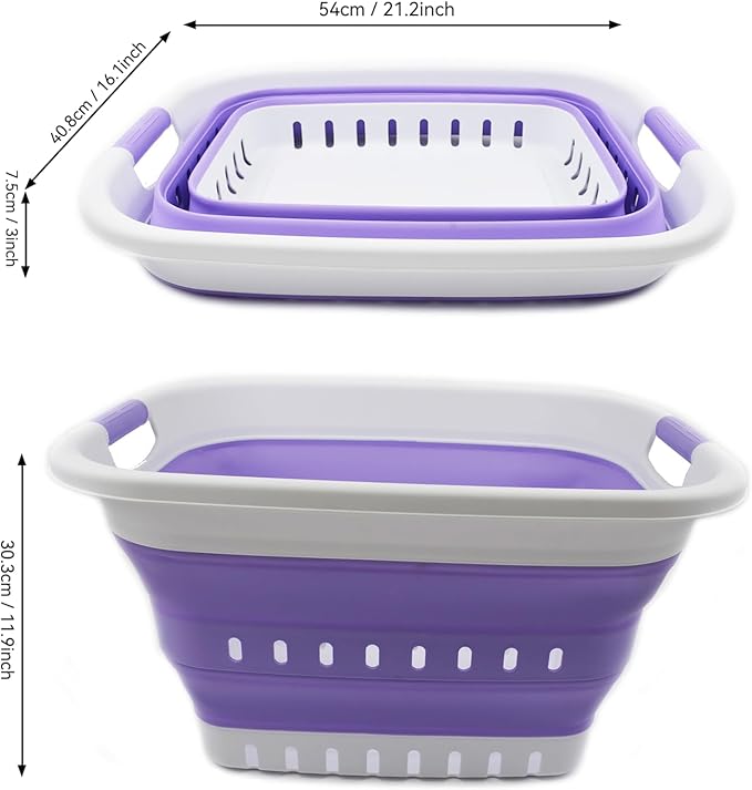 SAMMART 37L (9.77 gallon) Collapsible Plastic Laundry Basket - Foldable Pop Up Storage Container/Organizer - Space Saving Hamper/Basket (1, White/Lt. Purple)