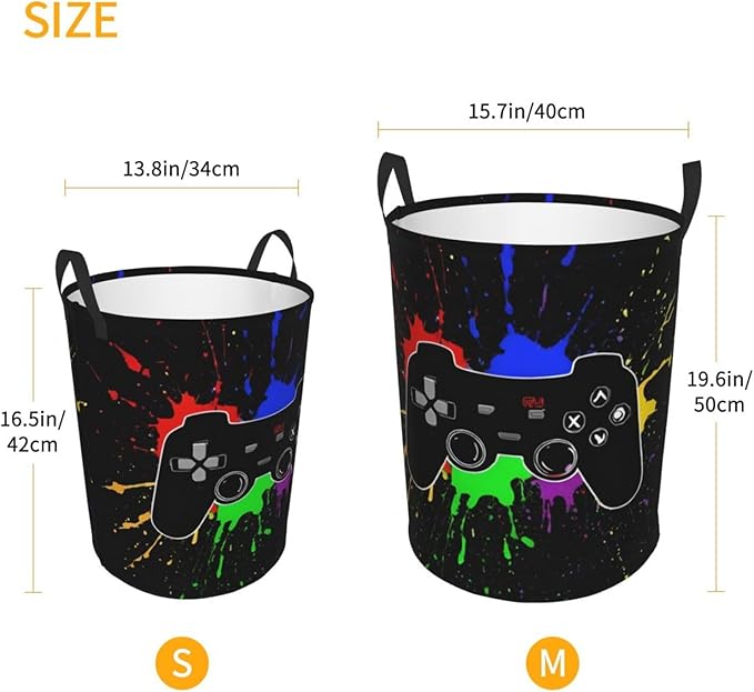 Gaming Theme Round Laundry Hamper Game Joystick Storage Basket Toys Clothes Organizer Bin For Home Bathroom Bedroom Dorm Nursery, 62l