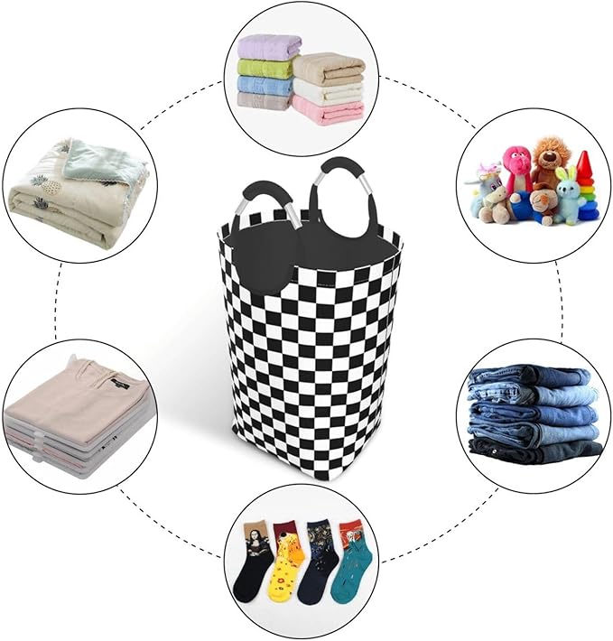 LIBIFALL Black and White Plaid Large Laundry Basket Checkerboard Laundry Hamper Bag Collapsible Laundry Baskets Clothes Hamper with Handles Checkered Storage Baskets For Dorm,Family,50L