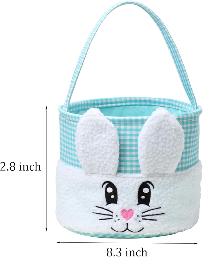 CHOIEO Plush Easter Baskets with Embroidered Bunny Face for Egg Hunts, Gifts, Toys and Spring Decor (Blue+Green)