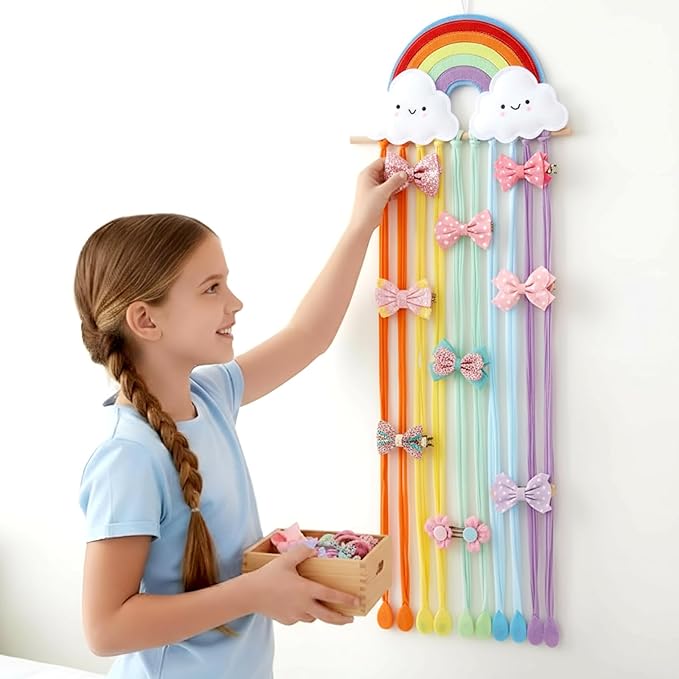 Long Bow Holder for Girls Baby Rainbow Color Clouds Hair Bows Clip Organizer 31.5 Inch Baby Hair Accessories Storage Display Hanging Decor for Girls Nursery Room Bedroom Living Room
