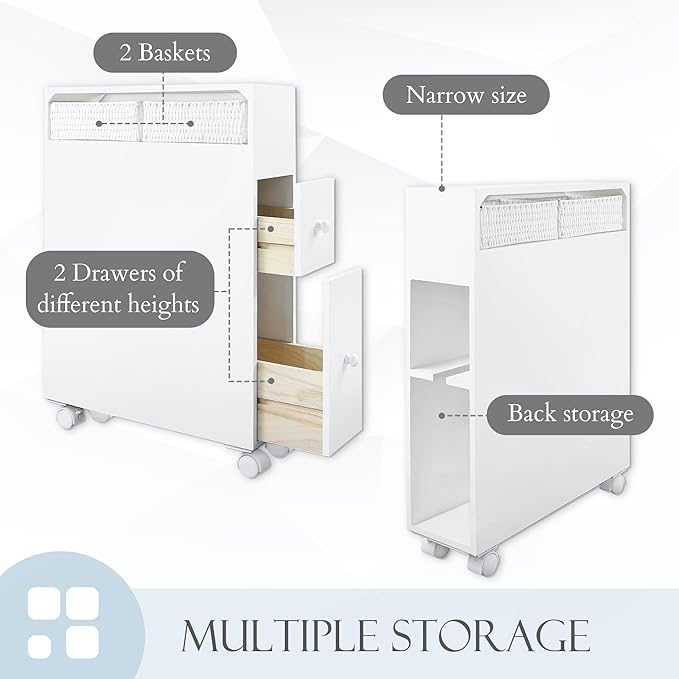 MASAKA B&W Movable Bathroom Storage Cabinet with 2 Drawers and Shelf, Toilet Paper Storage, Corner Shelves, Bathroom Furniture Sets, Side Organizer Toilet