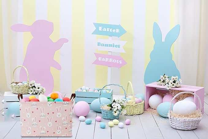Rectangular Pink Bunny Easter Gift Basket,Pink Storage Basket with Handles,Toys/Books Box,Room Decor(Bunny)