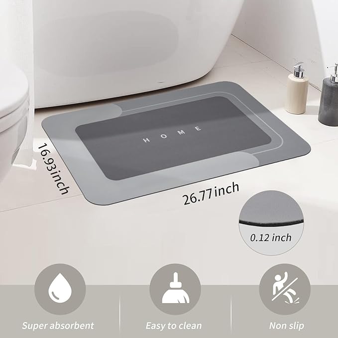 Housego Absorbent Bath Mat Magic Rug, Quick Drying Magic Bath Mat Non-Slip Floor Rug Rubber Backed for Bathroom Kitchen Shower Sink, Water Absorbent (1PC, 16.93''x26.77'', Dark Gray)