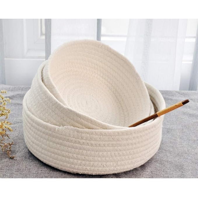 Cotton Rope Handmade Woven Home Storage Household Candy Toys Storage Basket Sundries Collection Box Candy Snack Food Tray SML Pack of 3 (Round, White)