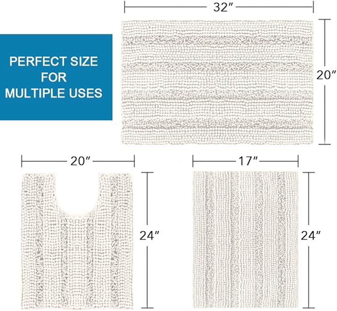 H.VERSAILTEX 3 Piece Thick Striped Bath Rugs Set for Bathroom Non Slip Soft Absorbent Bath Mat for Tub, Shower and Toilet(17''x24''+20''x32''+20''x24'' U-Shaped, Ivory)