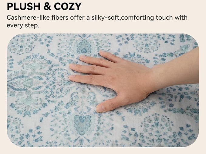 GRANNY SAYS Boho Bathroom Runner 47"x 18" Non-Slip,Quick Dry & Washable Vintage Bath Rug,Distressed Farmhouse Plush Velvet Bath Mat for Sink Shower and Bathtub, Vintage Blue